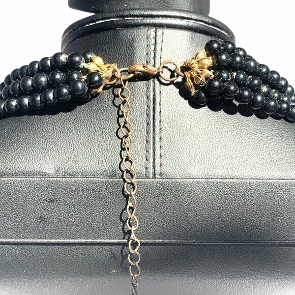 Vintage Multi-Strand Black Beaded Necklace With Adjustable Chain Closure 10"Drop - Picture 2 of 6